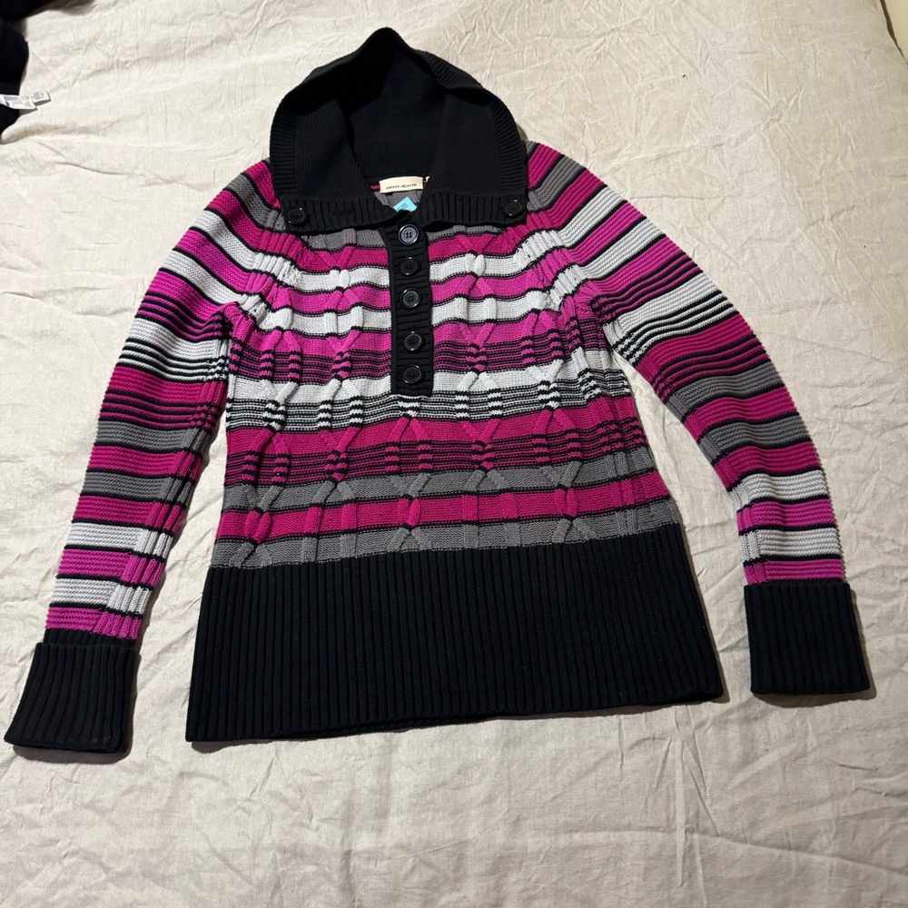 DKNY Jeans Women’s Pink Gray Striped Cable Knit Sweater Tunic Size L